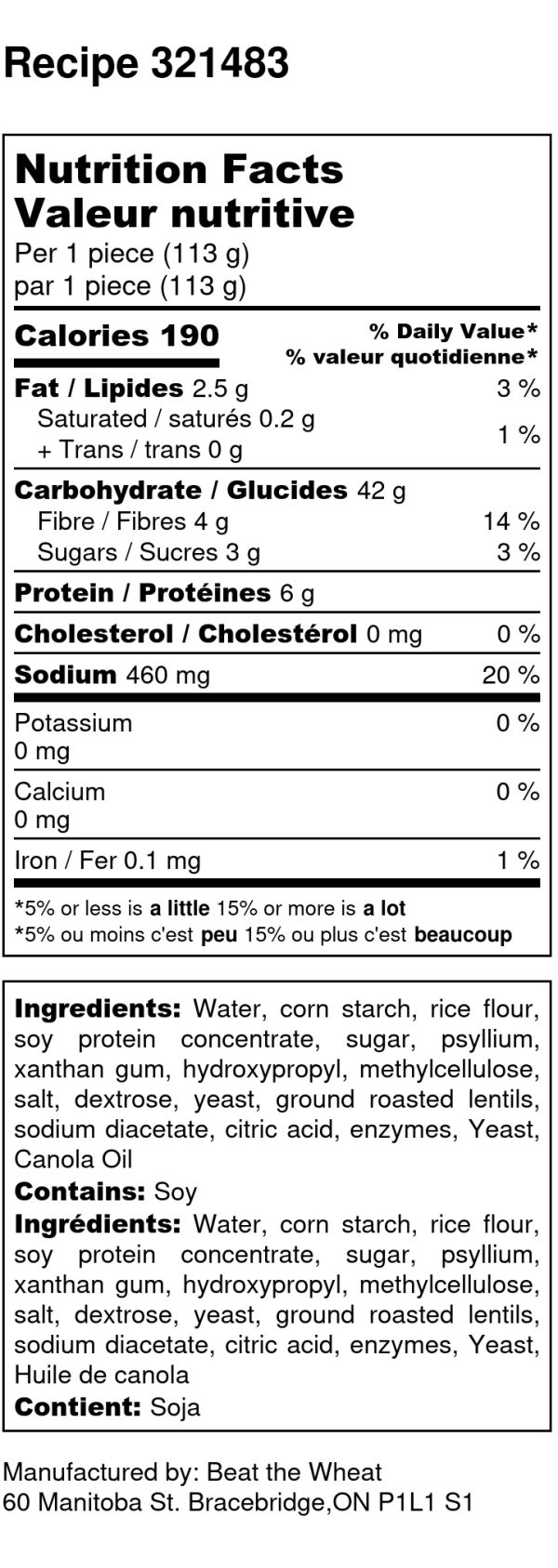 Plain Bagels - Nutrition Label
