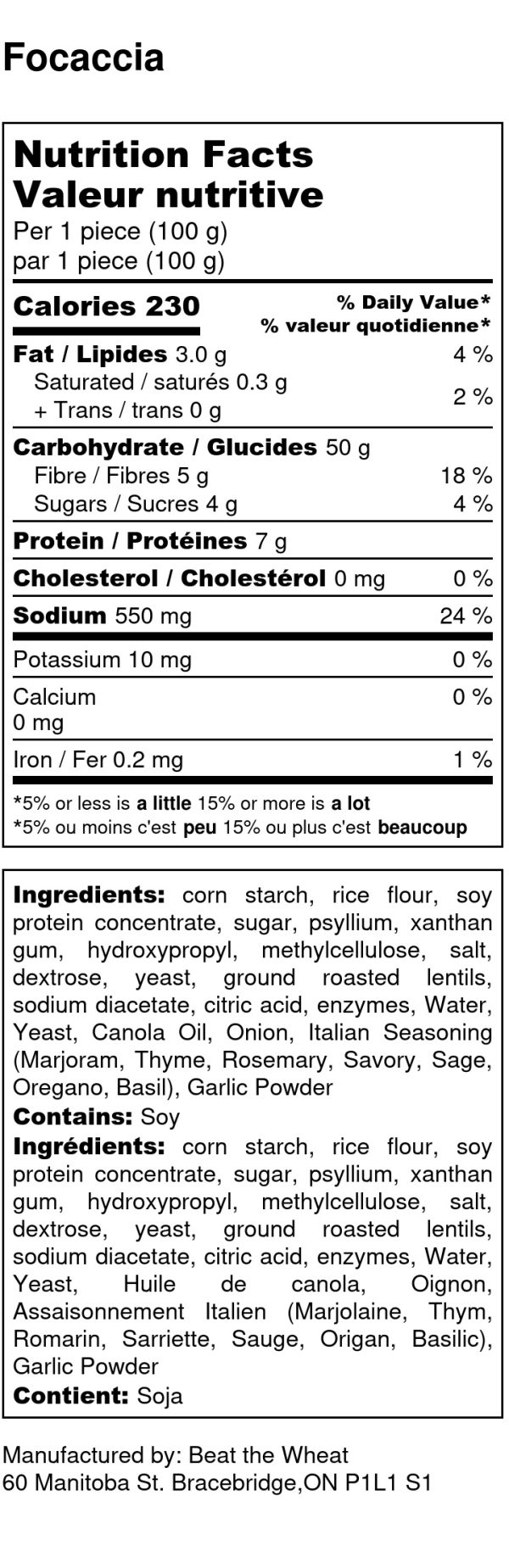 Focaccia - Nutrition Label